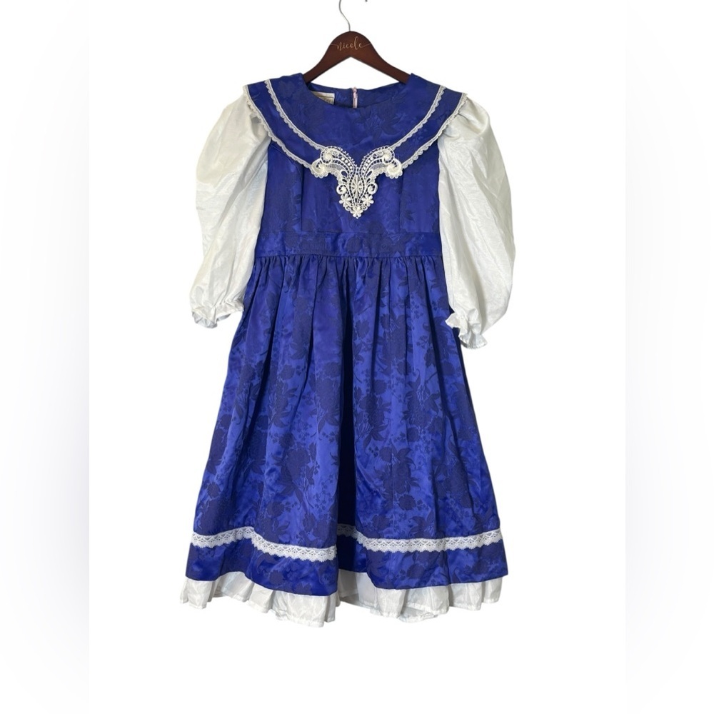 Vintage Gunne Sax Purple White Lace & Denim Prairie Style Dress Girls 11/12